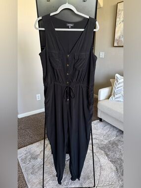 bebe Black Sleeveless Button-Front Drawstring Jumpsuit